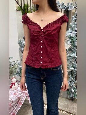 Women's Brandy Melville Elena Burgundy Ruffle Button-Front Top